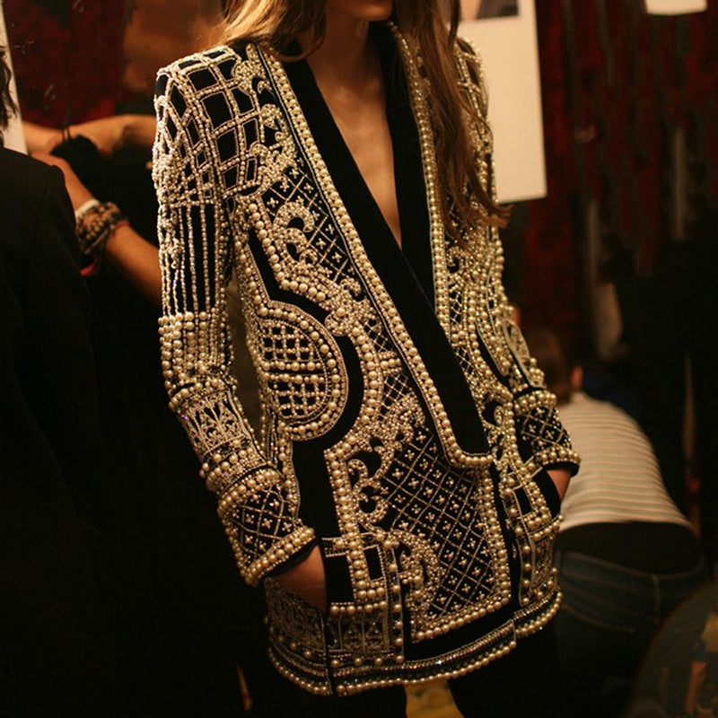 V-neck Beaded Beads Cardigans Blazer Outerwear