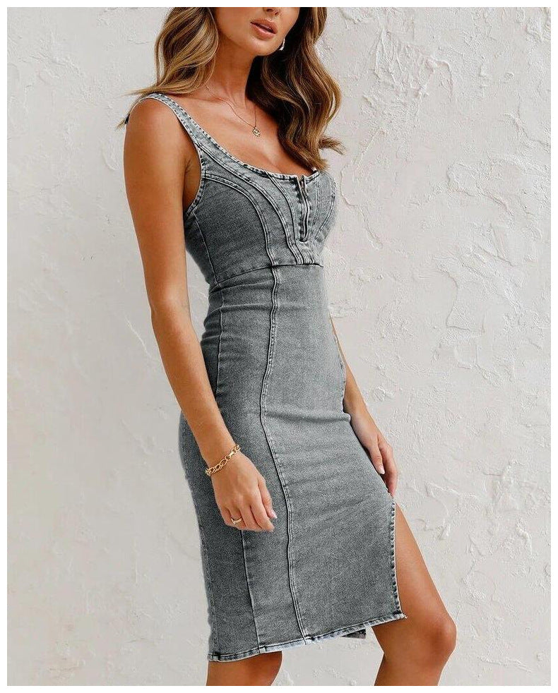 Suspenders Slit Irregular Backless Denim Bodycon Midi Dresses