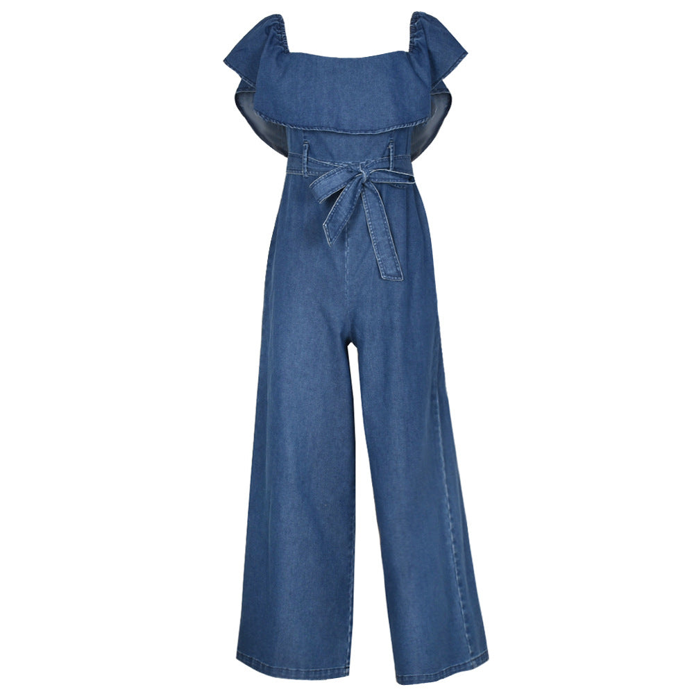 Tube Top One Shoulder Wide-leg Ruffles Denim Jumpsuit