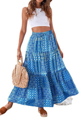 Tiered Paisley Print Long A-Line Skirt Boho Holiday Maxi Skirts