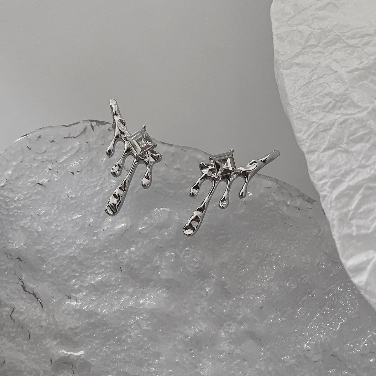 Irregular lava silver faux pearl rhinestone earrings