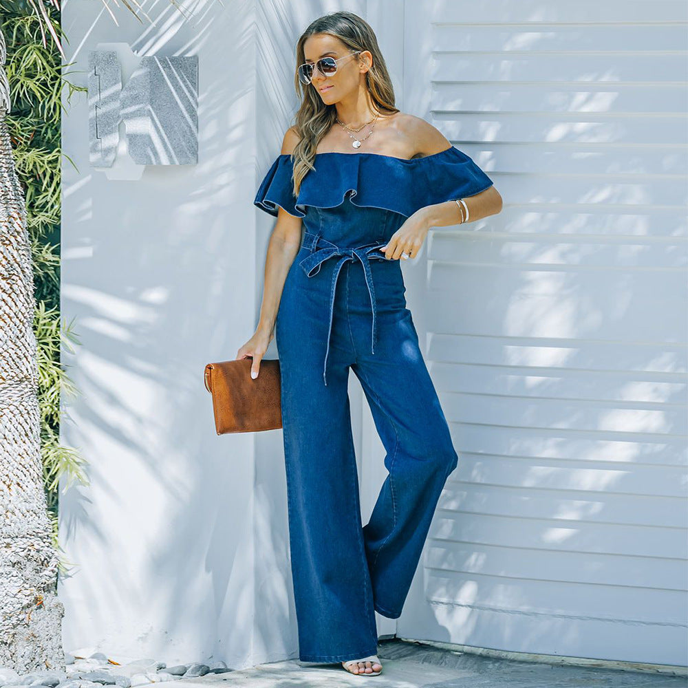 Tube Top One Shoulder Wide-leg Ruffles Denim Jumpsuit