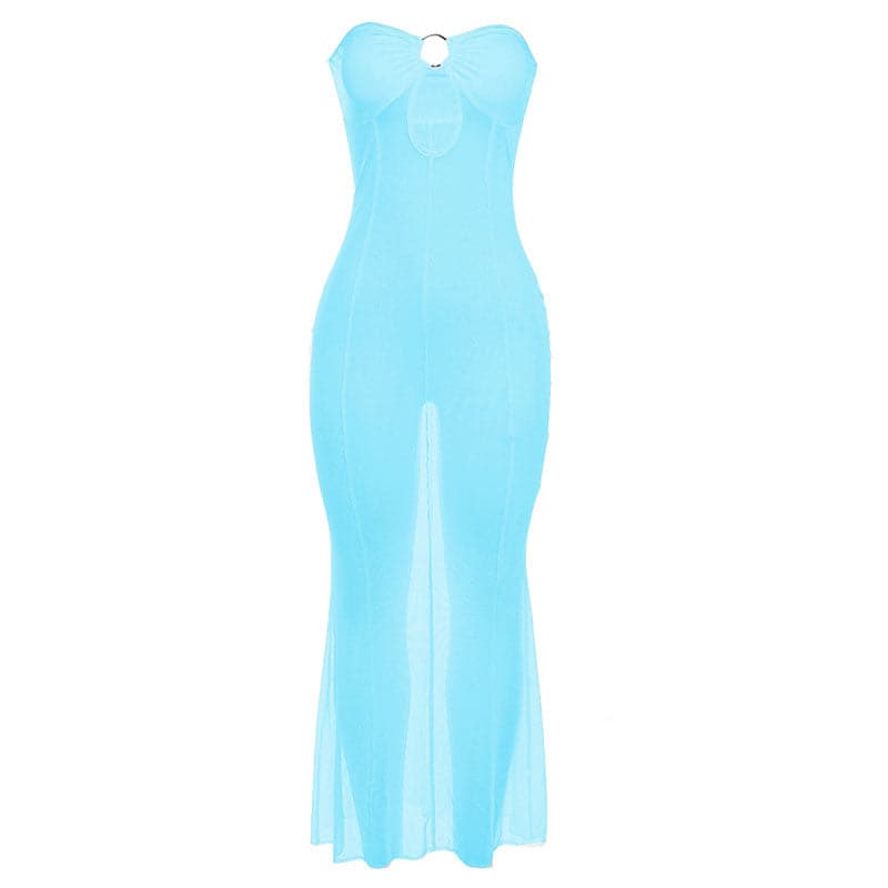 Mesh see through o ring hollow out backless tube maxi dress