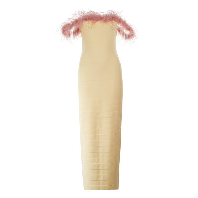 Olivia Strapless Fuzzy Trim Tube Midi Dress