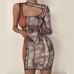 One shoulder patchwork hollow out bodycon dress