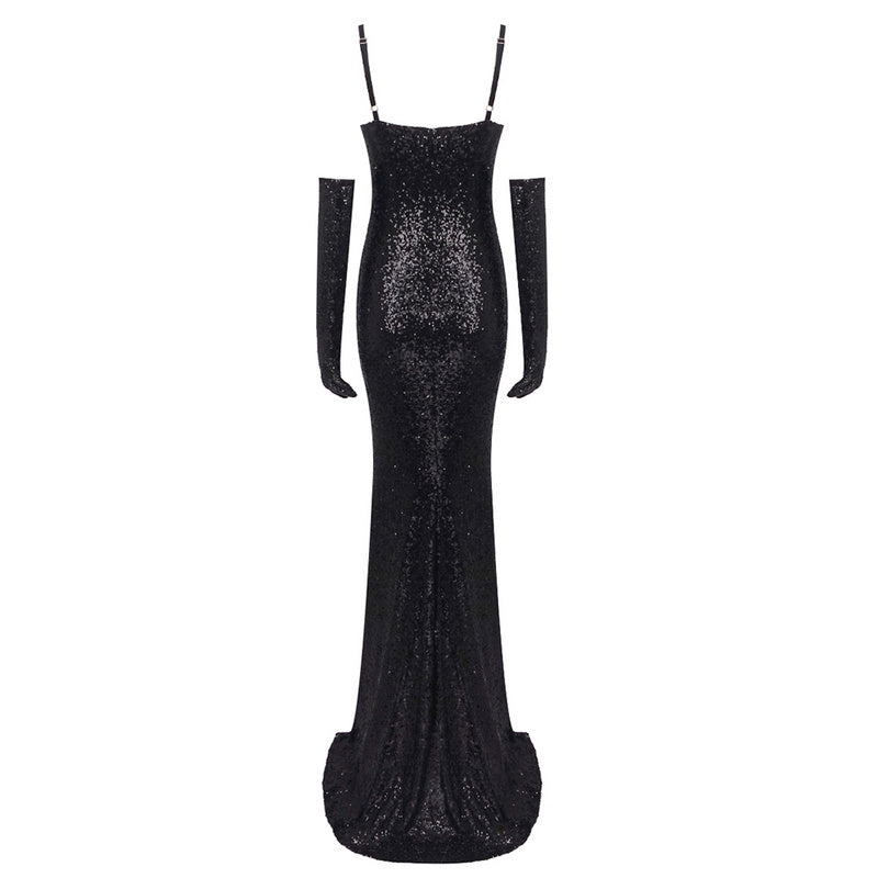 Pearl Sweeetheart Neck Rhinestone Sequins Maxi Dress