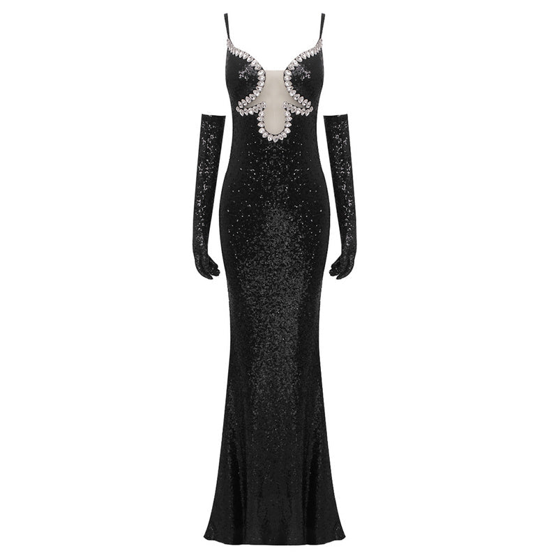 Pearl Sweeetheart Neck Rhinestone Sequins Maxi Dress
