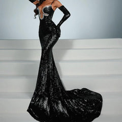 Pearl Sweeetheart Neck Rhinestone Sequins Maxi Dress