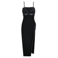 Rosemary Leather Straps High Slit Midi Dress