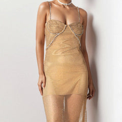 Rowdy Strappy Crystal Embellished Fishnet Maxi Dress