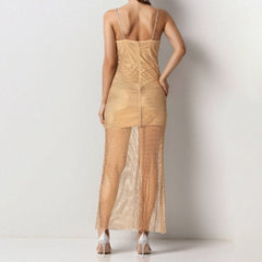 Rowdy Strappy Crystal Embellished Fishnet Maxi Dress