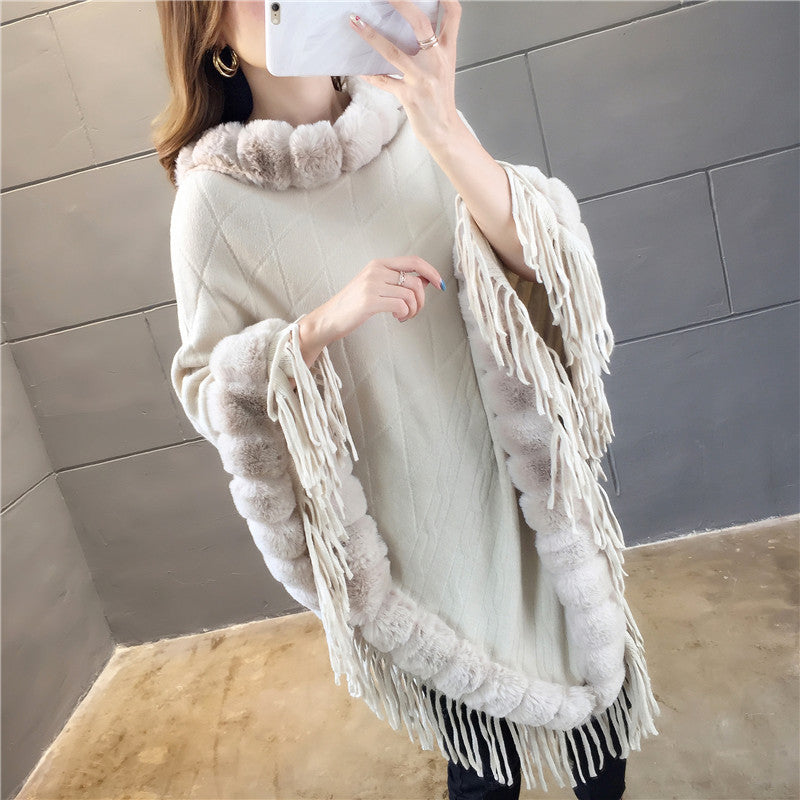 Tassel Hem Fur Collar Pullover Sweater Cloak Shawl Cape