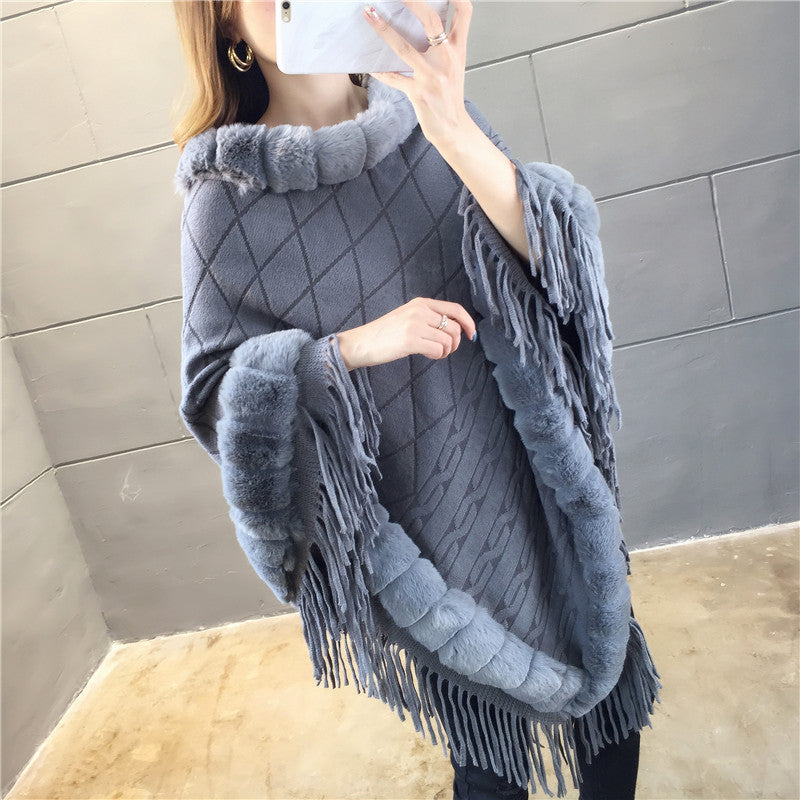 Tassel Hem Fur Collar Pullover Sweater Cloak Shawl Cape