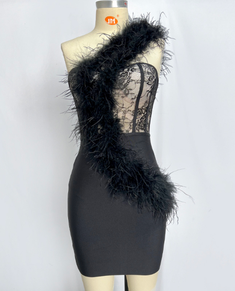 Angela feather one shoulder bandage mini dress