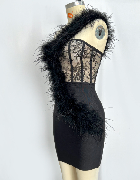 Angela feather one shoulder bandage mini dress