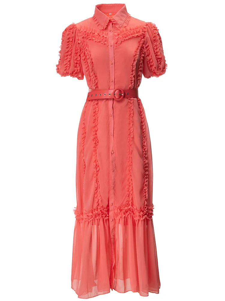 Elvi Single Breasted Belt Splice Chiffon Maxi Dress