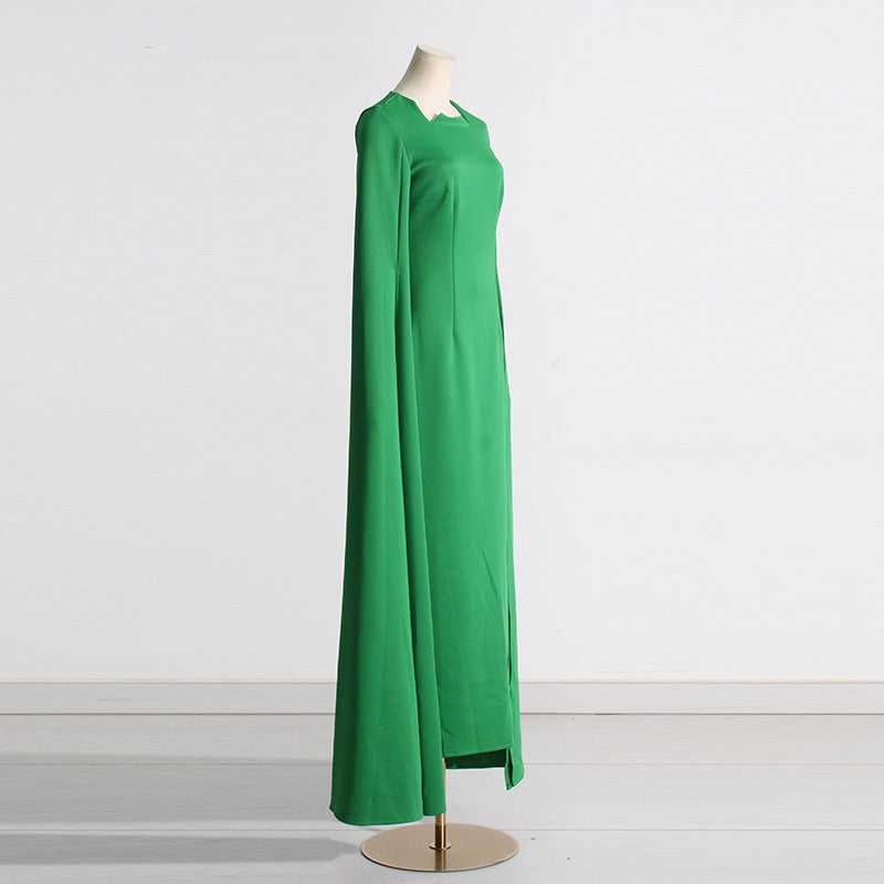 Shanon Cloak Sleeve Pointed Collar Green Maxi Dress