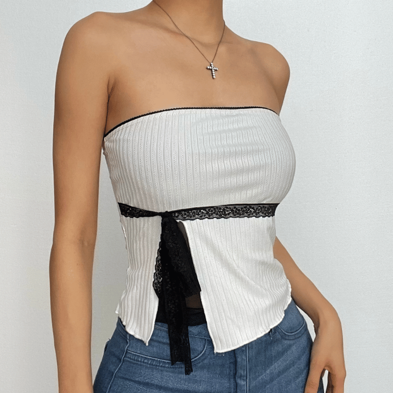 Bowknot lace hem ribbed patchwork slit backless ruffle tube top