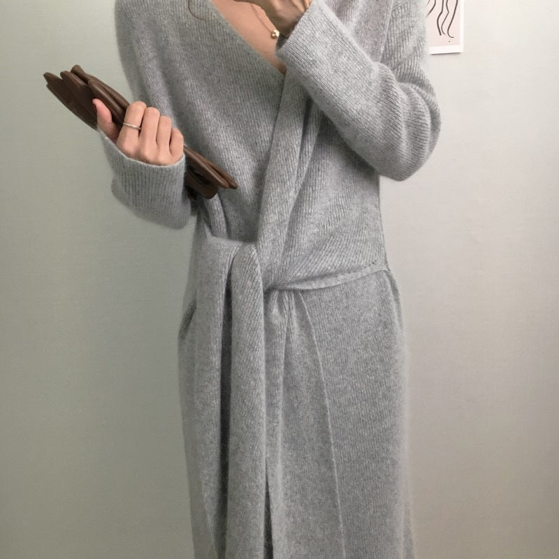 V-neck Cross Straps Long Knit Cardigan Midi Dresses