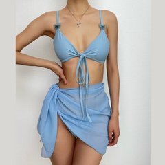 Solid self tie irregular butterfly applique 3 piece swimwear