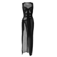 Sheer mesh see through knotted hollow out slit maxi dress