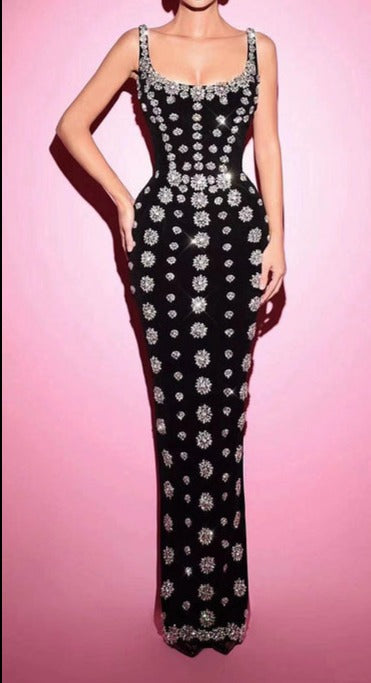 Yvette Scoop Neck Crystal Embellished Maxi Dress