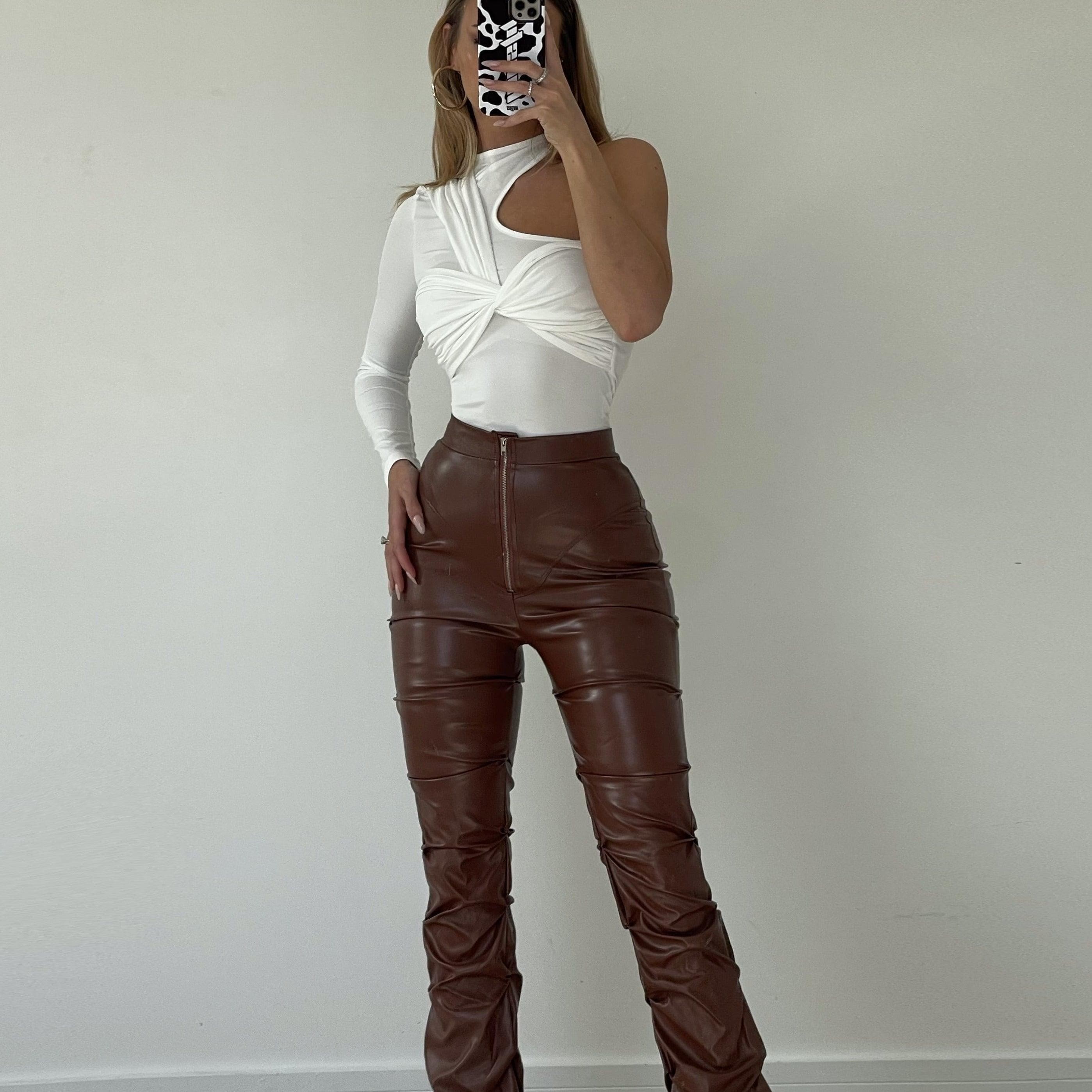 Zip-up ruched PU leather pant