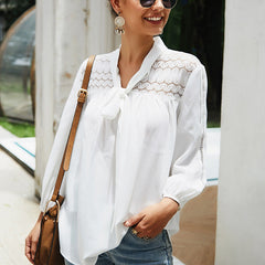 Women White V Neck Hollow Long Sleeve Shirt