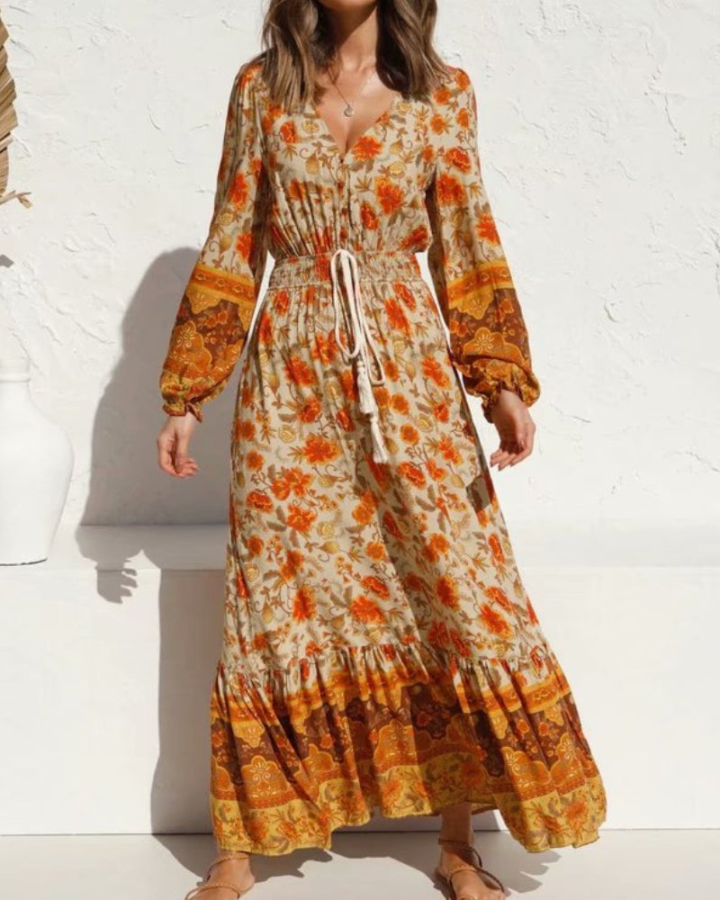 Vacation Drawstring Elastic Waist Floral Maxi Dresses