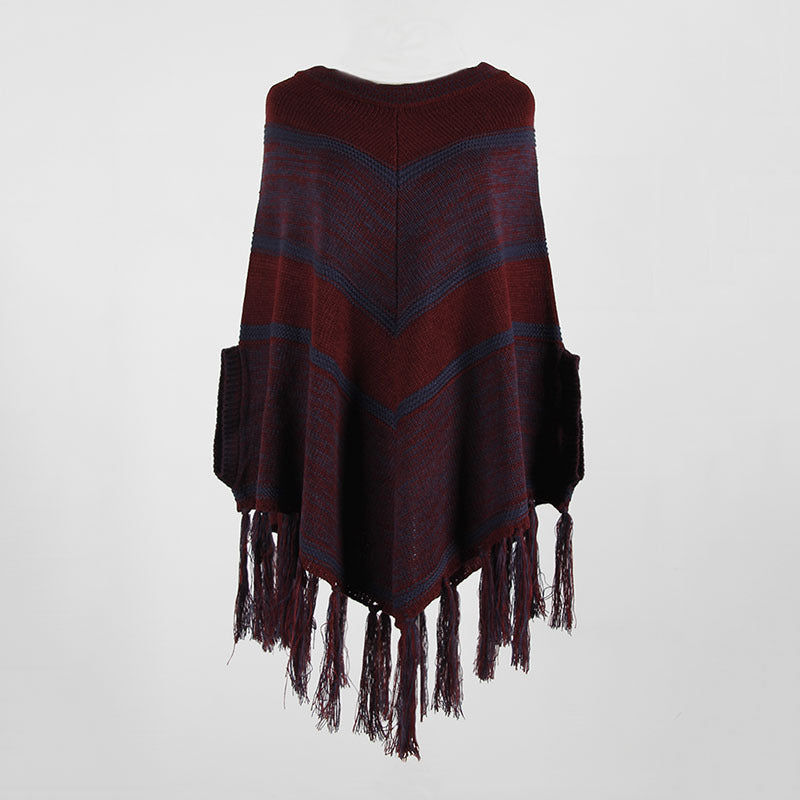 Tassel Fringed Pullover Geometric Pattern Sweater Cloak Shawl Cape