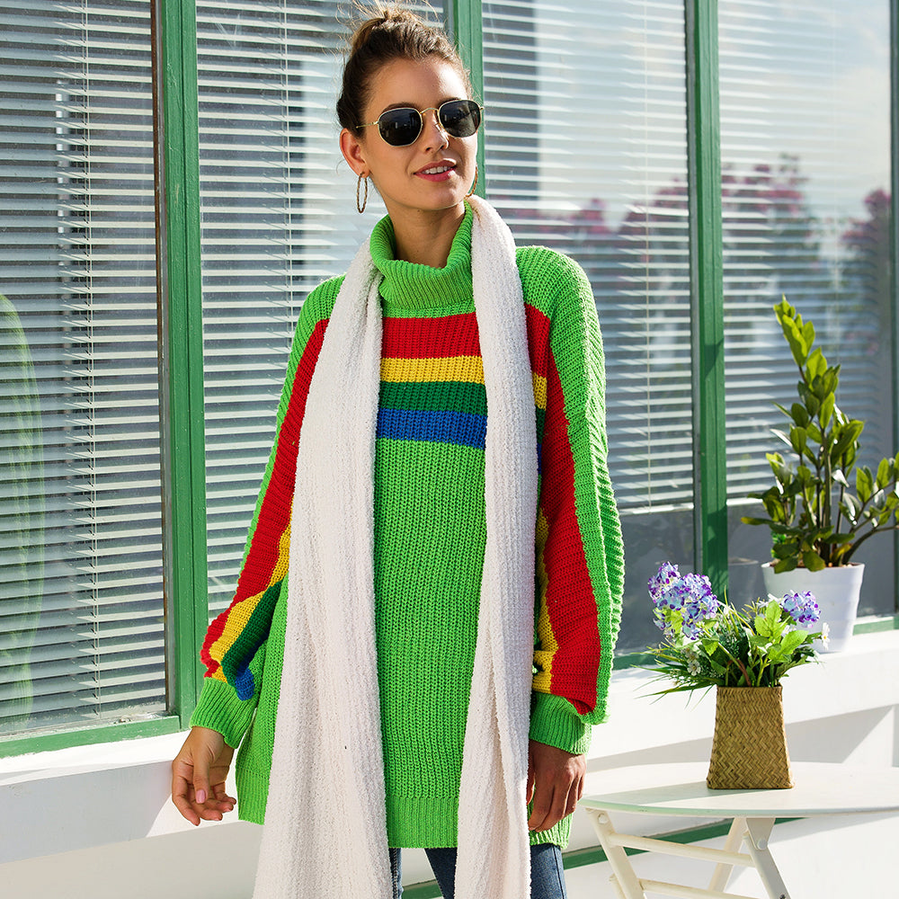 Women's High Collar Rainbow Stripes Knit Long Sweater