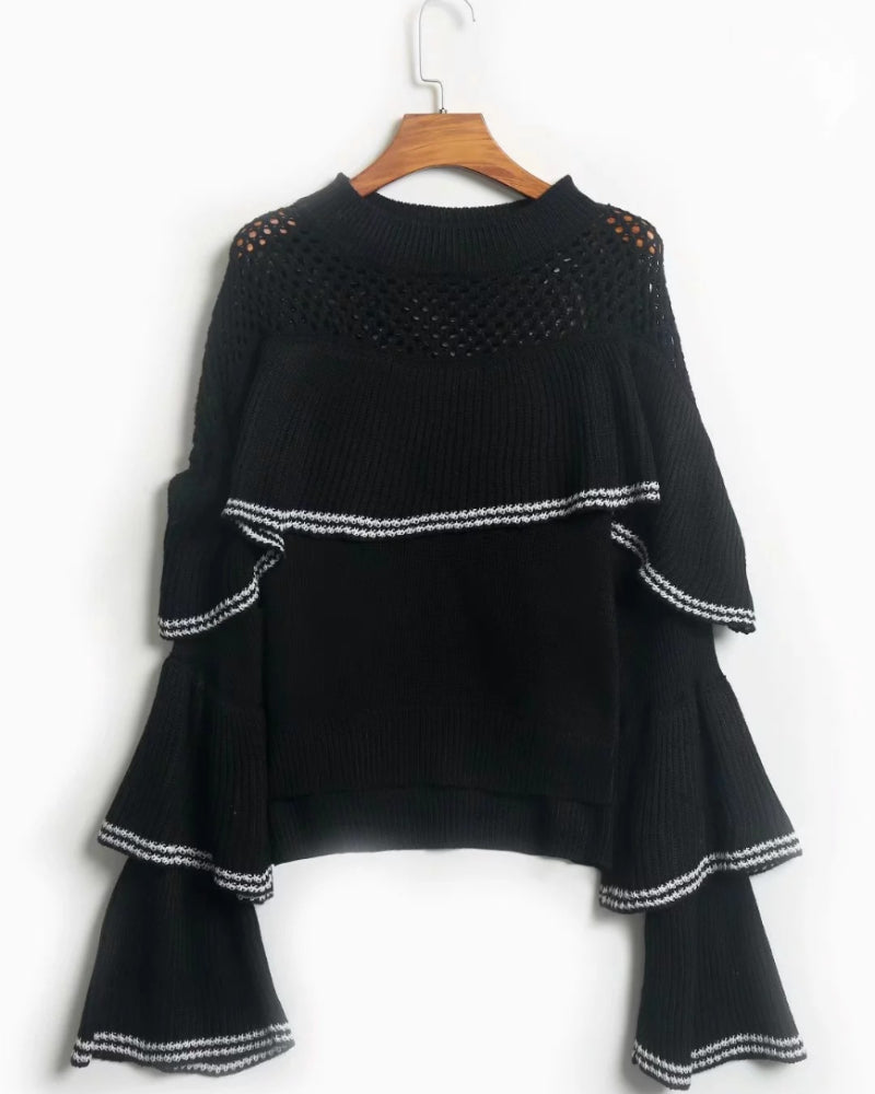 Splicing Hollow-out Flared Sleeve Knit Sweater