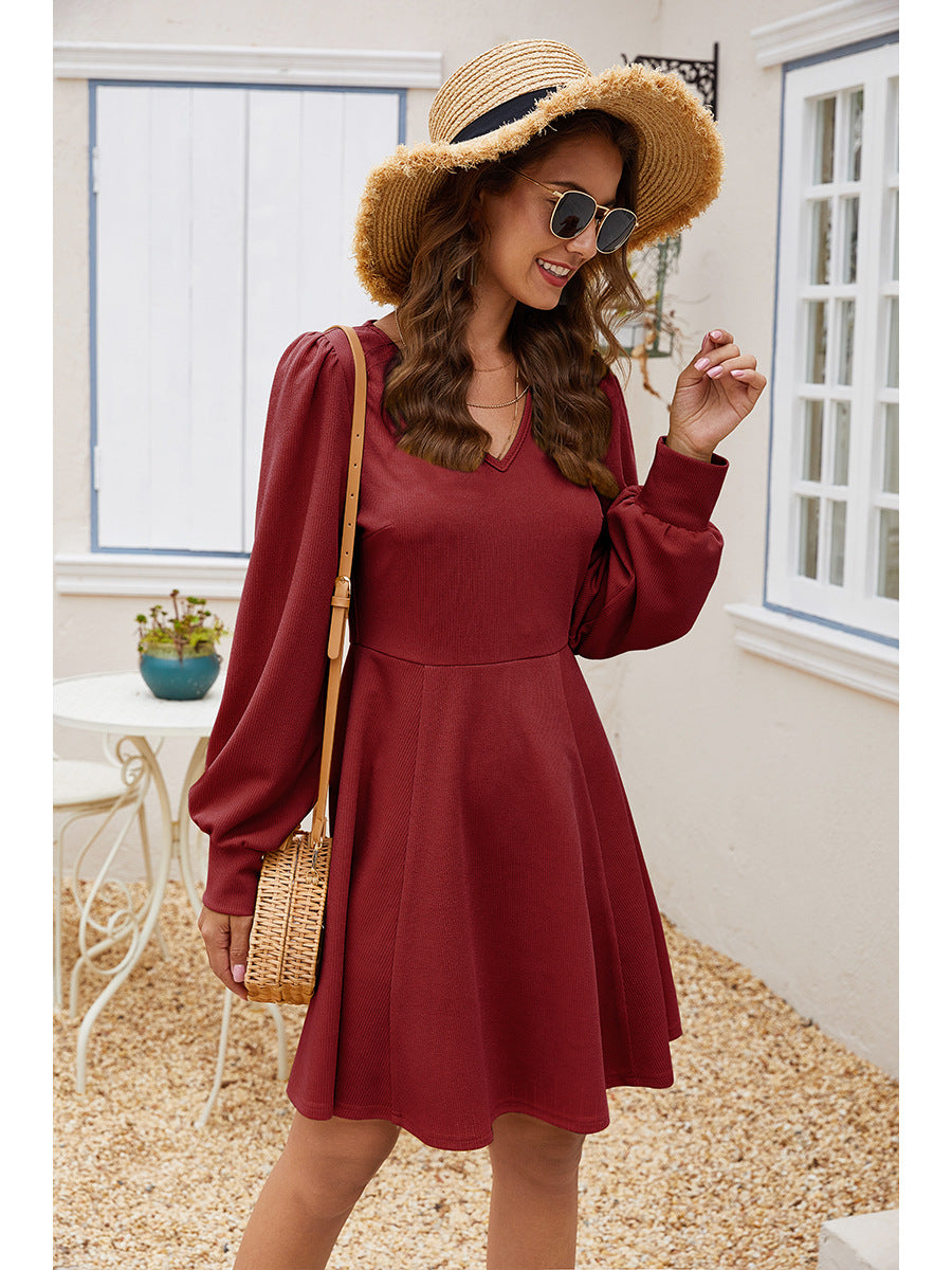 V-neck Long Sleeve Waistband Mini Dress