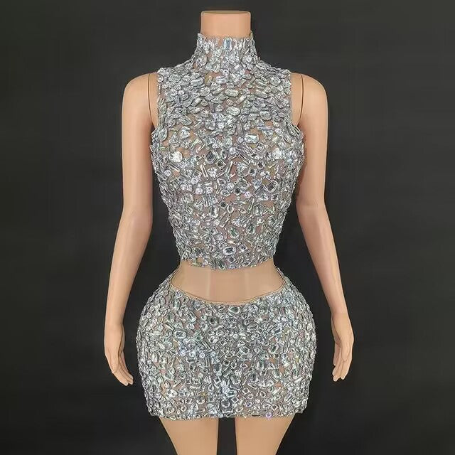 Zadie Sparkly Crystals Top Backless Skirt Set