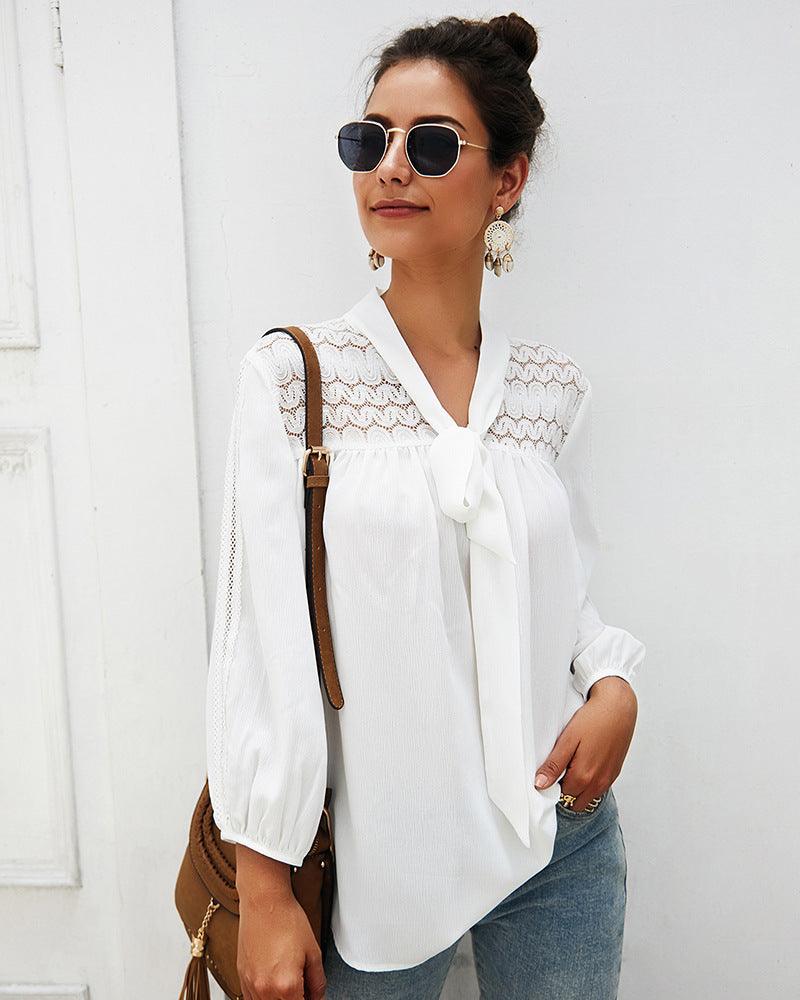 Women White V Neck Hollow Long Sleeve Shirt