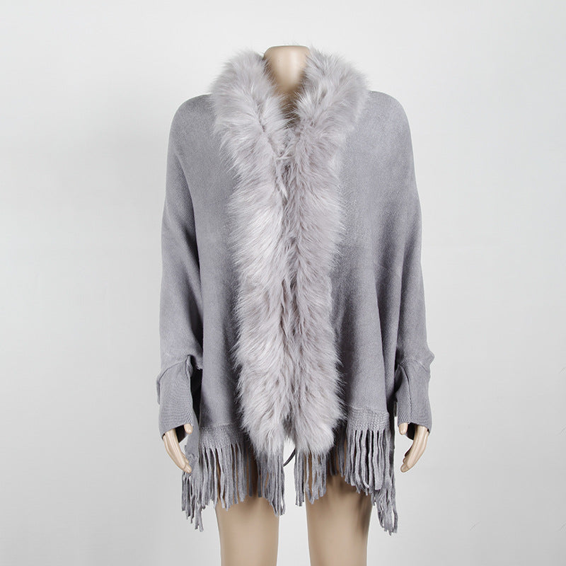 Tassel Fringed Cloak Shawl Fur Collar Sweater Cape Cardigans