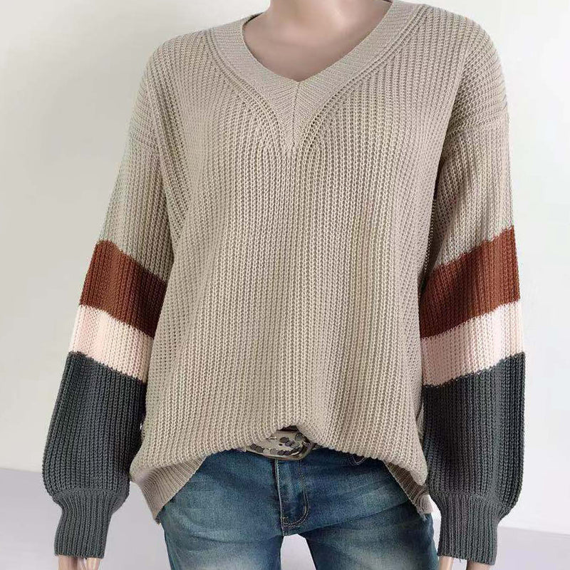 Women's V Neck Stripe Splicing Lantern Sleeve Sweater