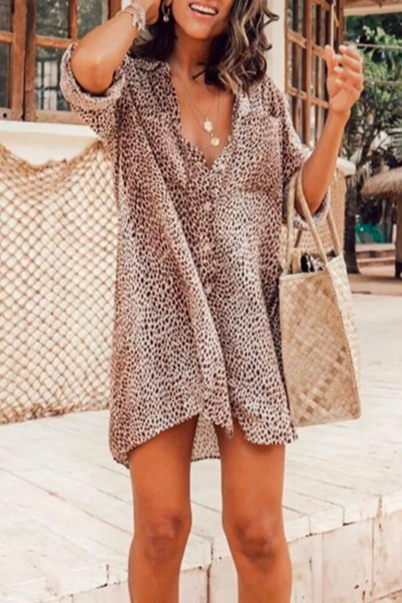 Turndown Collar Print Coffee Mini Dress