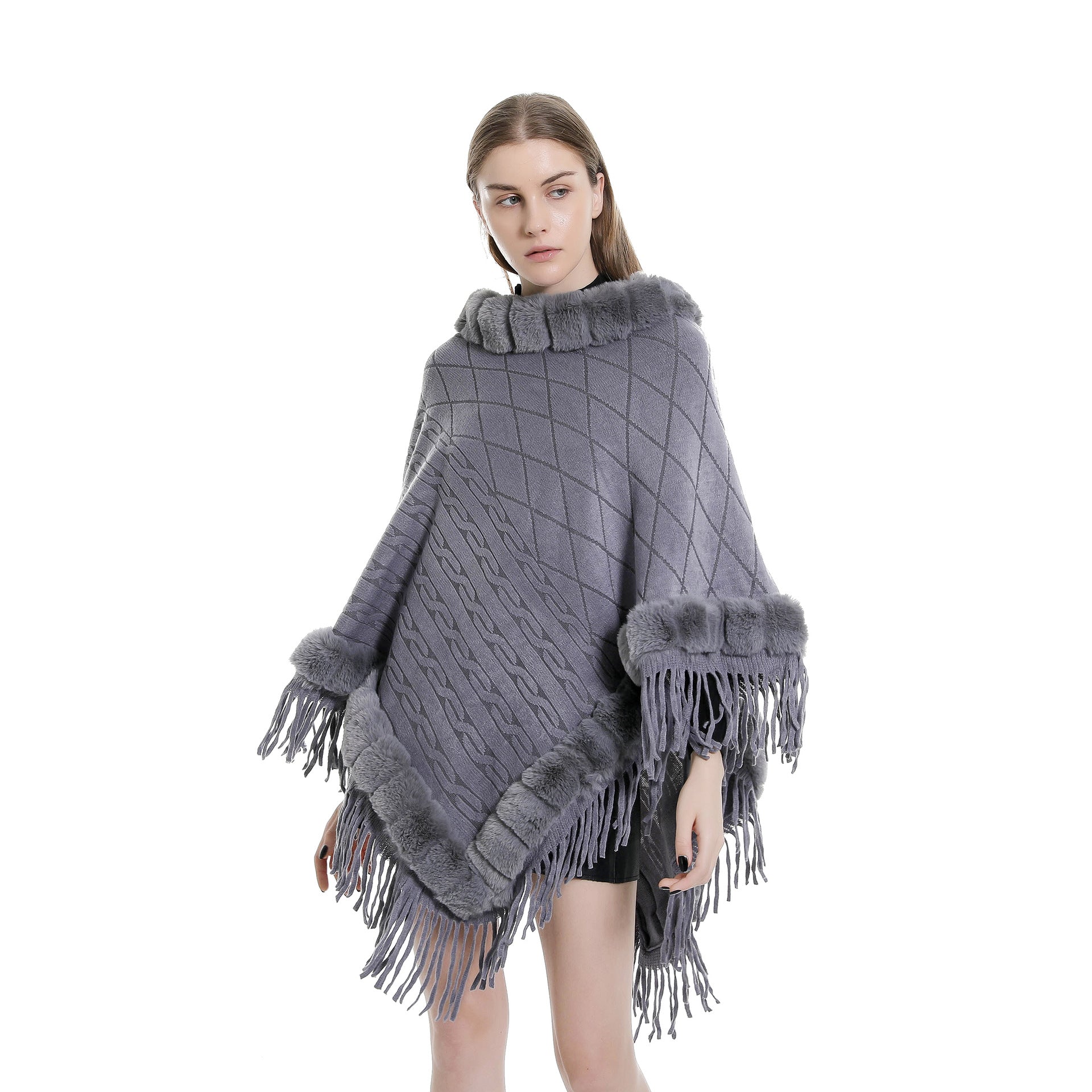 Tassel Hem Fur Collar Pullover Sweater Cloak Shawl Cape