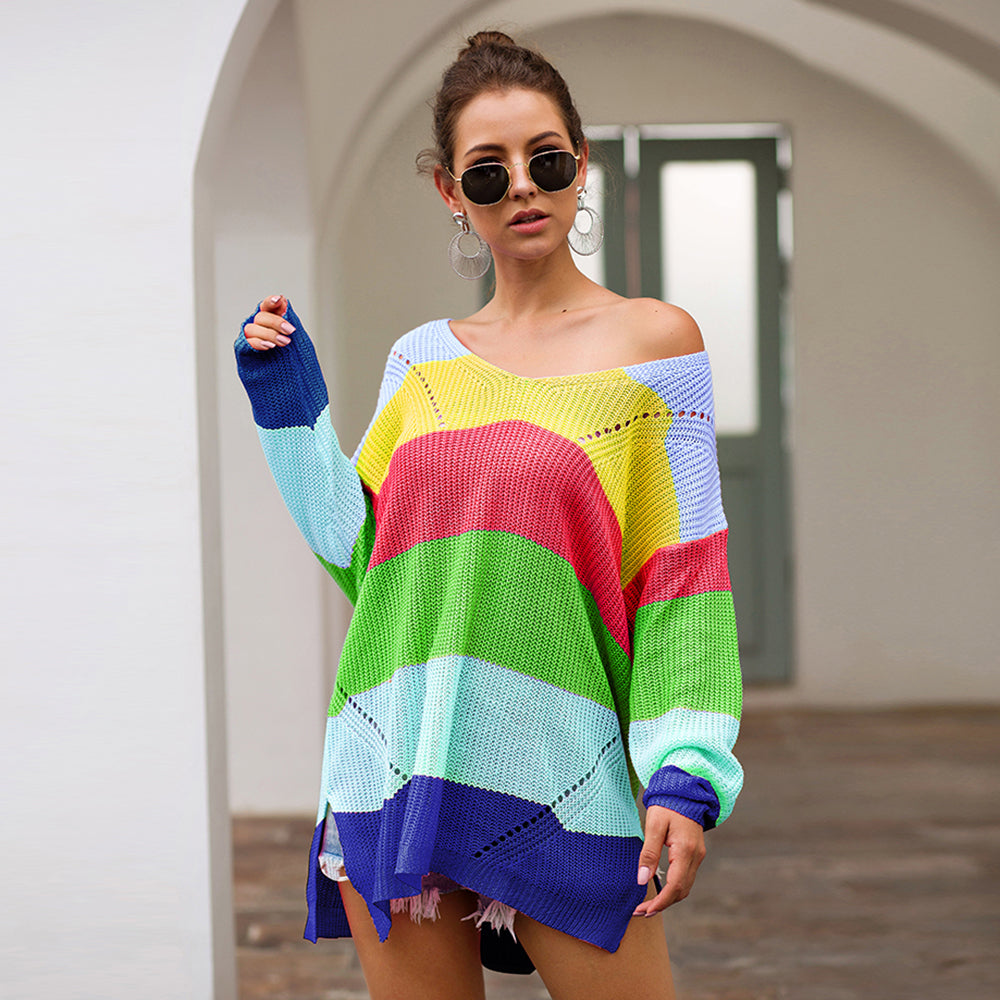 Women's Loose V-neck Rainbow Stripes Long Sweater