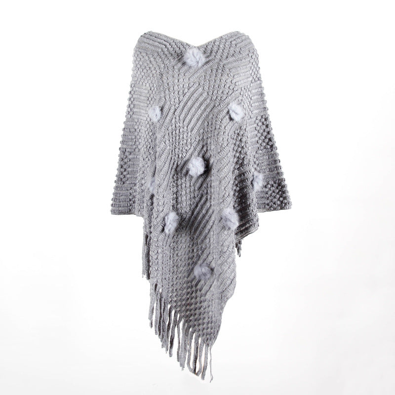 Tassel Fringed Pullover V-neck Collar Pompom Sweater Cloak Shawl Cape