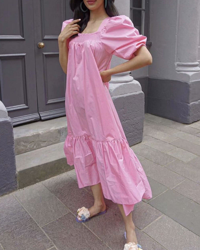 Square Collar Off Shoulder Puff Bubble Sleeve Party Maxi Dresses