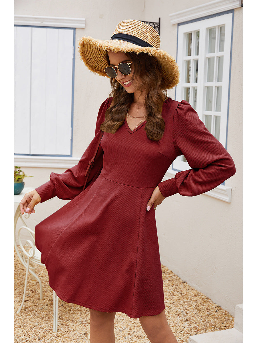 V-neck Long Sleeve Waistband Mini Dress