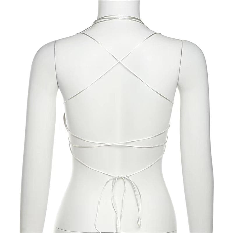 Metallic self tie cross back sleeveless hollow out crop cut out top