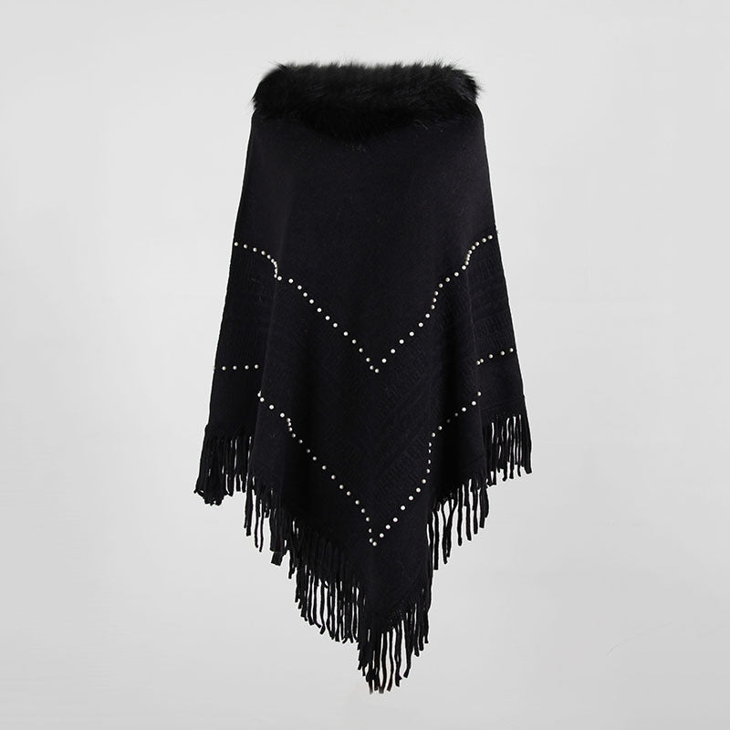 Tassel Fringed Pullover Bead Fur Collar Sweater Cloak Shawl Cape
