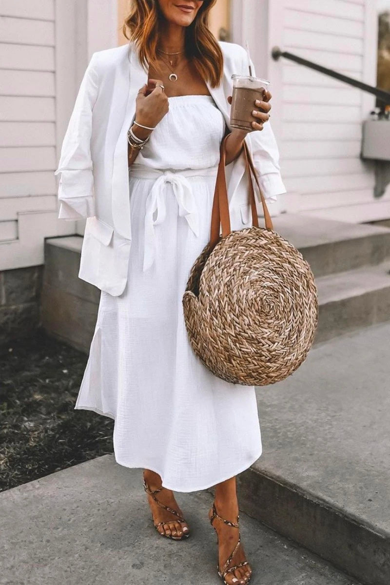 Dew Shoulder White Ankle Length Dress