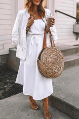 Dew Shoulder White Ankle Length Dress