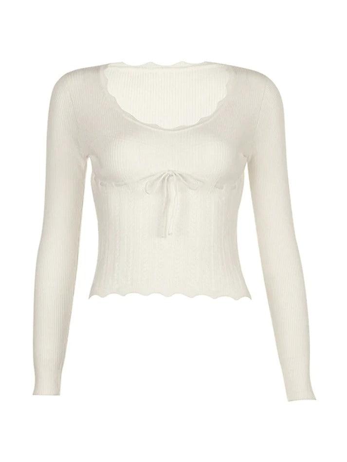 French Solid Pointelle Wavy Trim Lacing Sweater