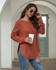 Women's Round Neck Hem Split Long Sleeve Sweater