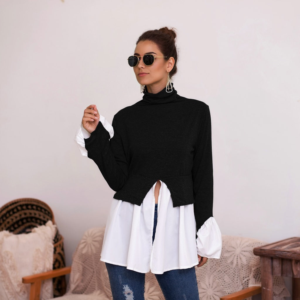 Women's High Neck Irregular Stitching Ruffle Shirt